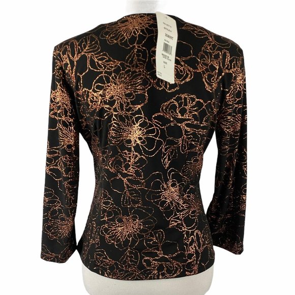 MSK Black Rose Gold Glitter Floral Wrap Top L - Picture 2 of 13